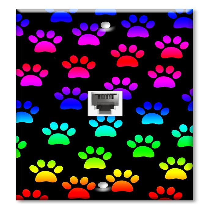 Art Plates - Decorative Printed 2 Port Data Wall Plate - RJ11 Telephone Jack Connector and RJ45 (Cat5, Cat6, Cat7) Ethernet Connector - Gold-Plated Contacts - Paw Prints