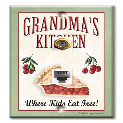 Art Plates - Decorative Printed 2 Port Data Wall Plate, F-Type Coaxial Cable Connector with RJ11 Telephone Connector, Gold-Plated - Grandma's Kitchen