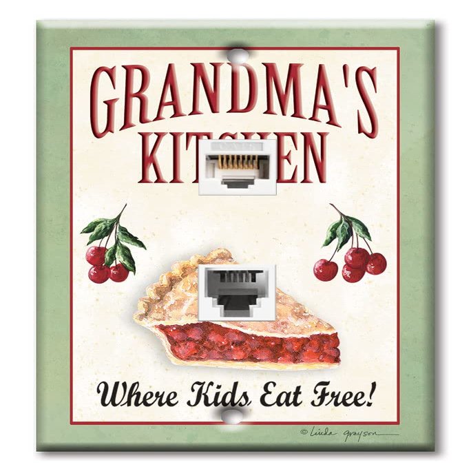 Art Plates - Decorative Printed 2 Port Data Wall Plate - RJ11 Telephone Jack Connector and RJ45 (Cat5, Cat6, Cat7) Ethernet Connector - Gold-Plated Contacts - Grandma's Kitchen