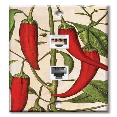 Art Plates - Decorative Printed 2 Port Data Wall Plate - RJ11 Telephone Jack Connector and RJ45 (Cat5, Cat6, Cat7) Ethernet Connector - Gold-Plated Contacts - Red Peppers