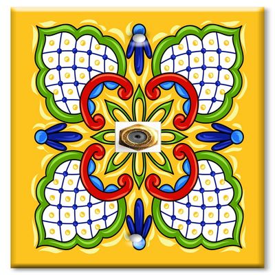 Art Plates - Decorative Printed 1 Port Coax Cable Wall Plate, 3GHz Coaxial Cable Connector, F-Type RG6 - RG59 Cable Extender Male to Male, Gold-Plated - Yellow/Green Mexican Talavera Tile Print