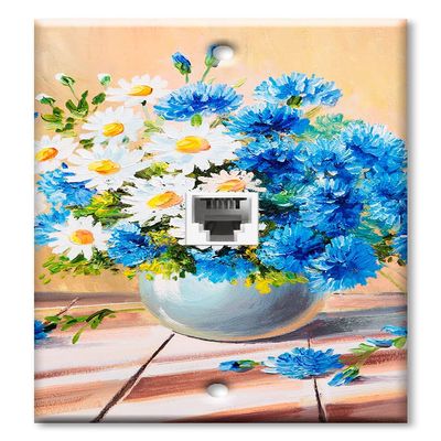 Art Plates - One Port RJ11 - Telephone decorative printed keystone style wall plate. CAT3 - RJ12 Female to Female phone jack. Works for phones, fax, ect. - Blue and White Daises