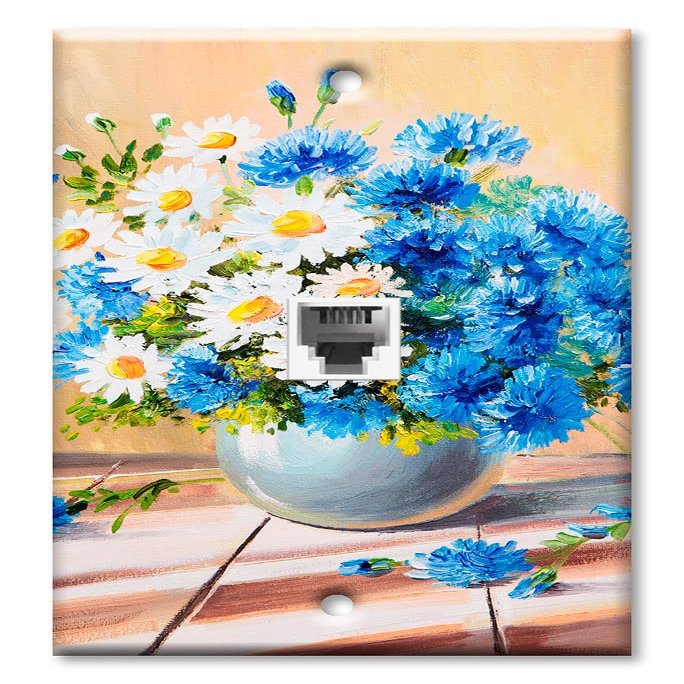Art Plates - One Port RJ11 - Telephone decorative printed keystone style wall plate. CAT3 - RJ12 Female to Female phone jack. Works for phones, fax, ect. - Blue and White Daises