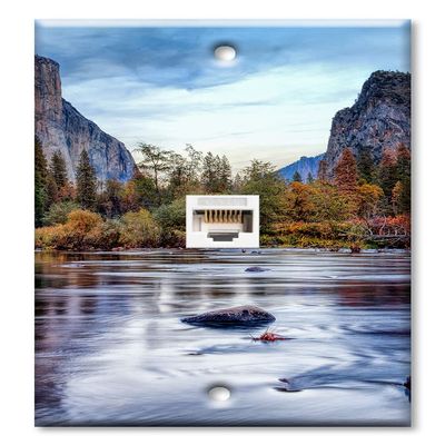 Art Plates - One Port RJ45 Ethernet decorative printed keystone style wall plate. Works with Cat5 through Cat8 cables. Female to Female Connection. - River Between Mountains