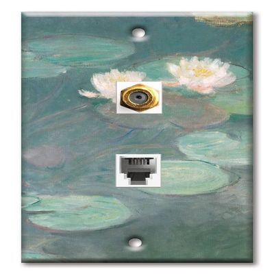 Art Plates - Decorative Printed 2 Port Data Wall Plate, F-Type Coaxial Cable Connector with RJ11 Telephone Connector, Gold-Plated - Monet: Water Lilies (close up)