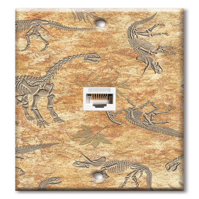 Art Plates - One Port RJ45 Ethernet decorative printed keystone style wall plate. Works with Cat5 through Cat8 cables. Female to Female Connection. - Dinosaur Fossils