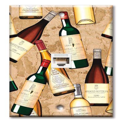Art Plates - One Port RJ45 Ethernet decorative printed keystone style wall plate. Works with Cat5 through Cat8 cables. Female to Female Connection. - Wine Bottles