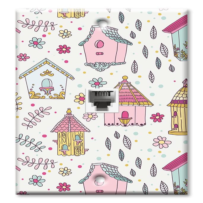 Art Plates - One Port RJ11 - Telephone decorative printed keystone style wall plate. CAT3 - RJ12 Female to Female phone jack. Works for phones, fax, ect. - Cute Bird Houses