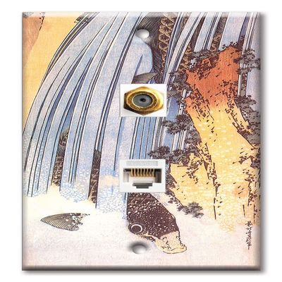 Art Plates - Decorative Printed 2 Port Data Wall Plate, RJ11 Telephone Jack Connector with RJ45 (Cat5, Cat6, Cat7) Ethernet Connector, Gold-Plated - Hokusai: Carp in Waterfall