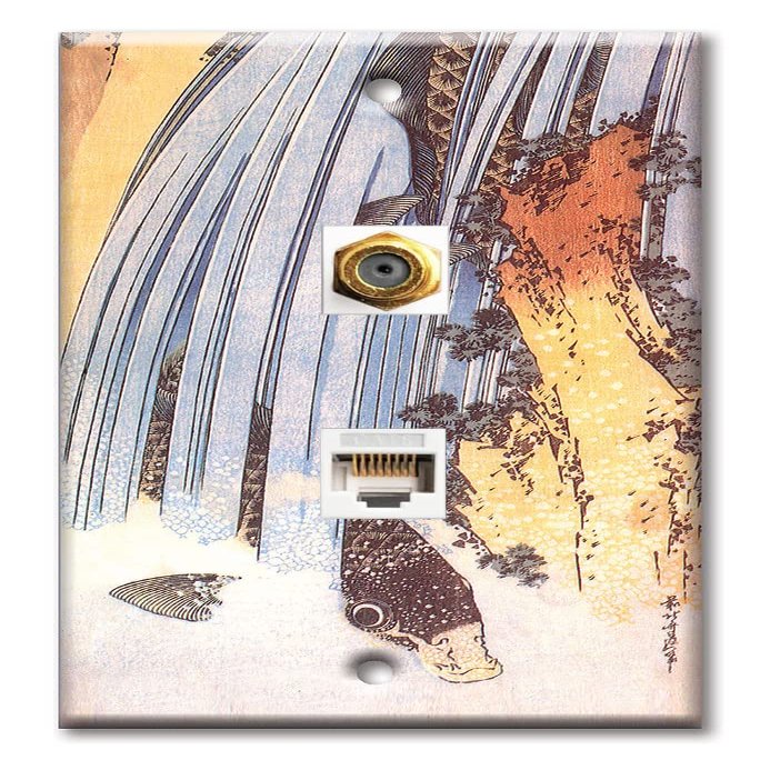 Art Plates - Decorative Printed 2 Port Data Wall Plate, RJ11 Telephone Jack Connector with RJ45 (Cat5, Cat6, Cat7) Ethernet Connector, Gold-Plated - Hokusai: Carp in Waterfall