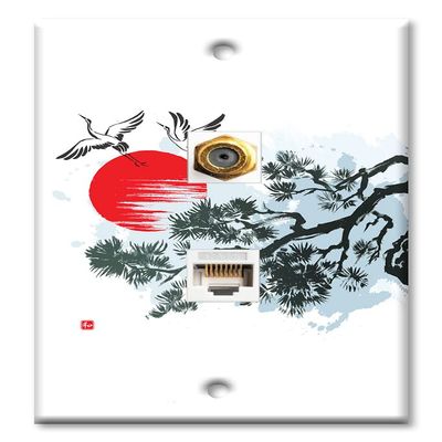 Art Plates - Decorative Printed 2 Port Data Wall Plate, RJ11 Telephone Jack Connector with RJ45 (Cat5, Cat6, Cat7) Ethernet Connector, Gold-Plated - Cranes Flying by a Tree Drawing