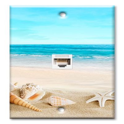 Art Plates - One Port RJ45 Ethernet decorative printed keystone style wall plate. Works with Cat5 through Cat8 cables. Female to Female Connection. - Seashells on the Beach