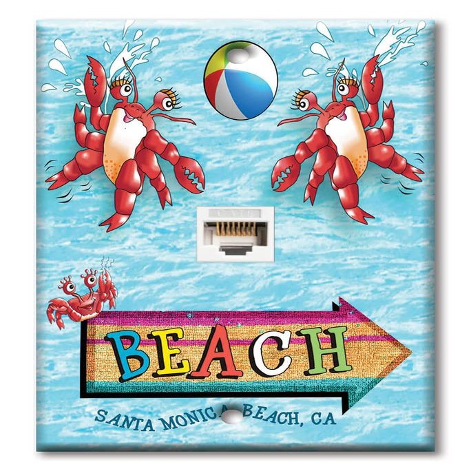 Art Plates - One Port RJ45 Ethernet decorative printed keystone style wall plate. Works with Cat5 through Cat8 cables. Female to Female Connection. - Santa Monica Beach