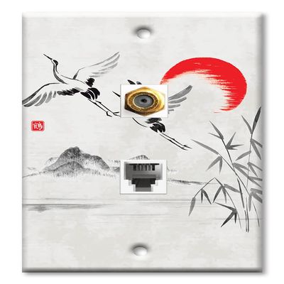 Art Plates - Decorative Printed 2 Port Data Wall Plate, F-Type Coaxial Cable Connector with RJ11 Telephone Connector, Gold-Plated - Cranes Flying by the Sun Drawing