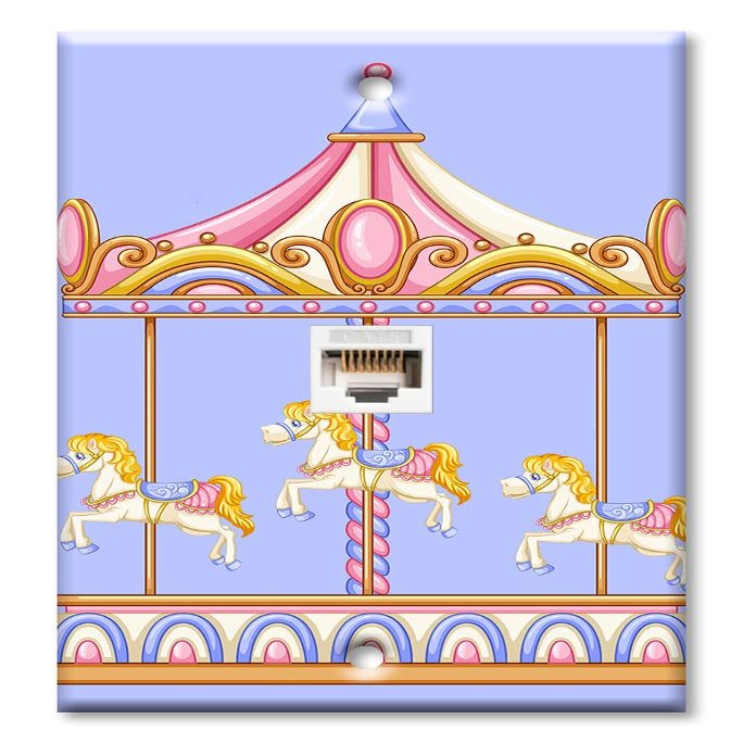Art Plates - One Port RJ45 Ethernet decorative printed keystone style wall plate. Works with Cat5 through Cat8 cables. Female to Female Connection. - Carousel