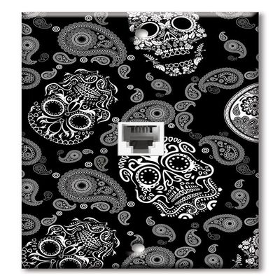 Art Plates - One Port RJ11 - Telephone decorative printed keystone style wall plate. CAT3 - RJ12 Female to Female phone jack. Works for phones, fax, ect. - White Sugar Skulls