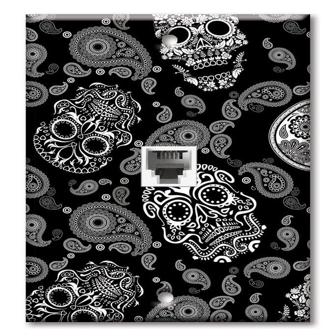 Art Plates - One Port RJ11 - Telephone decorative printed keystone style wall plate. CAT3 - RJ12 Female to Female phone jack. Works for phones, fax, ect. - White Sugar Skulls
