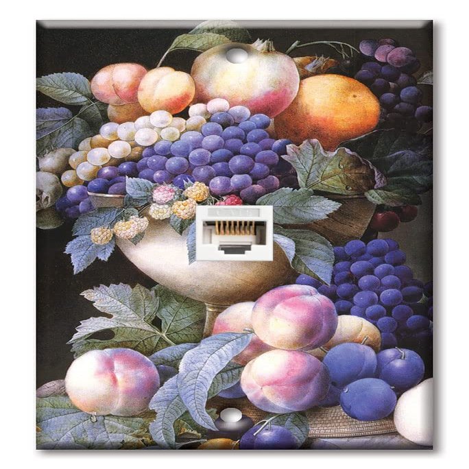 Art Plates - One Port RJ45 Ethernet decorative printed keystone style wall plate. Works with Cat5 through Cat8 cables. Female to Female Connection. - Redoute: Grapes in a Vase