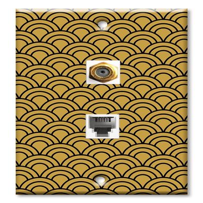 Art Plates - Decorative Printed 2 Port Data Wall Plate, F-Type Coaxial Cable Connector with RJ11 Telephone Connector, Gold-Plated - Black and Gold Half Circles