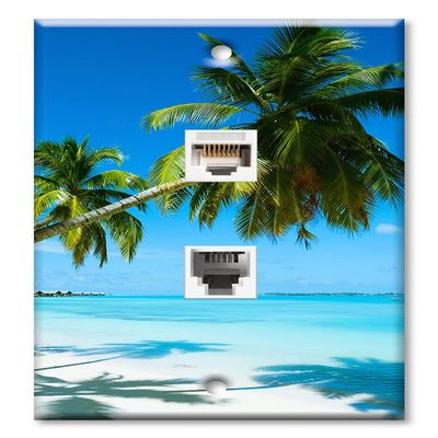 Art Plates - Decorative Printed 2 Port Data Wall Plate - RJ11 Telephone Jack Connector and RJ45 (Cat5, Cat6, Cat7) Ethernet Connector - Gold-Plated Contacts - Two Palm Trees on Beach
