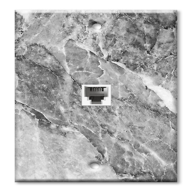 Art Plates - Decorative Printed 2 Port Data Wall Plate - RJ11 Telephone Jack Connector and RJ45 (Cat5, Cat6, Cat7) Ethernet Connector - Gold-Plated Contacts - Grey and White Marble/Granite Print