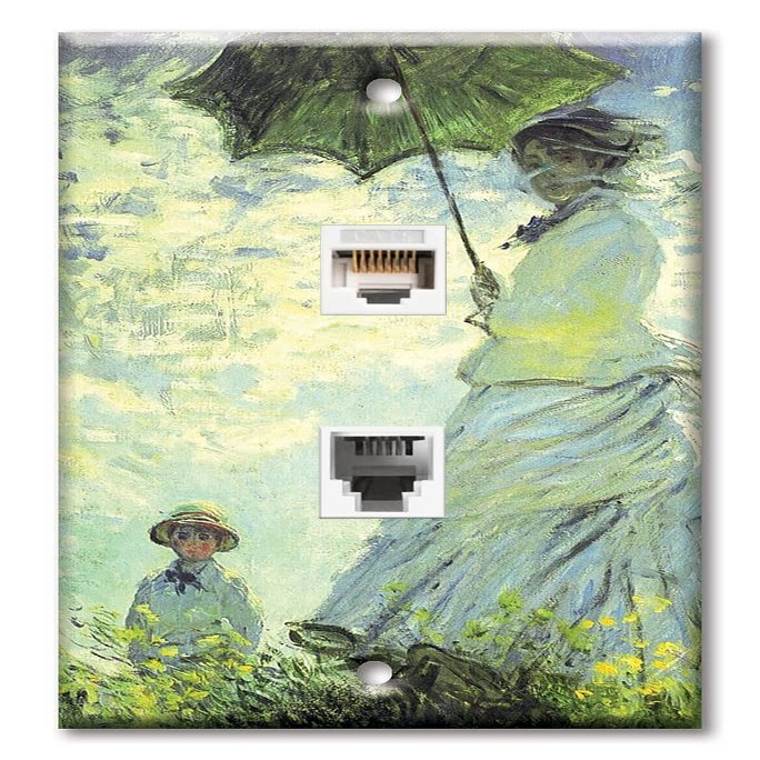 Art Plates - Decorative Printed 2 Port Data Wall Plate - RJ11 Telephone Jack Connector and RJ45 (Cat5, Cat6, Cat7) Ethernet Connector - Gold-Plated Contacts - Monet: Woman with Parasol