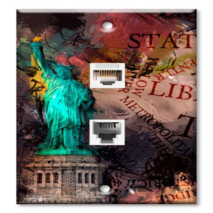 Art Plates - Decorative Printed 2 Port Data Wall Plate - RJ11 Telephone Jack Connector and RJ45 (Cat5, Cat6, Cat7) Ethernet Connector - Gold-Plated Contacts - Statue of Liberty Metropolitan