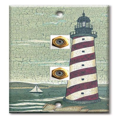 Art Plates - Decorative Printed 2 Port Coax Cable Wall Plate, 3GHz Coaxial Cable Connector, F-Type RG6 - RG59 Cable Extender Male to Male, Gold-Plated - Cape Lighthouse