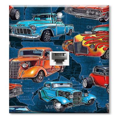 Art Plates - One Port RJ11 - Telephone decorative printed keystone style wall plate. CAT3 - RJ12 Female to Female phone jack. Works for phones, fax, ect. - Hot Rod Trucks