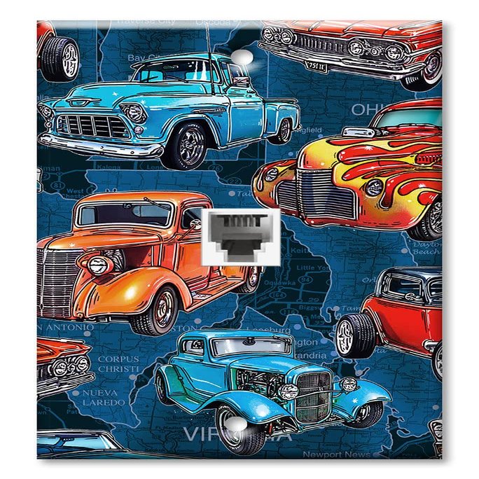 Art Plates - One Port RJ11 - Telephone decorative printed keystone style wall plate. CAT3 - RJ12 Female to Female phone jack. Works for phones, fax, ect. - Hot Rod Trucks