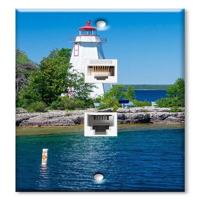 Art Plates - Decorative Printed 2 Port Data Wall Plate - RJ11 Telephone Jack Connector and RJ45 (Cat5, Cat6, Cat7) Ethernet Connector - Gold-Plated Contacts - Red and White Lighthouse