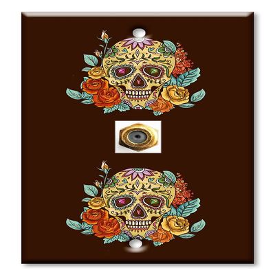 Art Plates - Decorative Printed 1 Port Coax Cable Wall Plate, 3GHz Coaxial Cable Connector, F-Type RG6 - RG59 Cable Extender Male to Male, Gold-Plated - Skull and Flowers