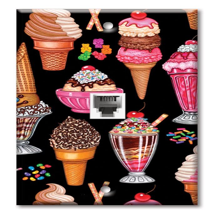 Art Plates - One Port RJ11 - Telephone decorative printed keystone style wall plate. CAT3 - RJ12 Female to Female phone jack. Works for phones, fax, ect. - Ice Cream