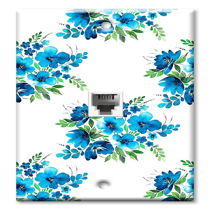 Art Plates - One Port RJ11 - Telephone decorative printed keystone style wall plate. CAT3 - RJ12 Female to Female phone jack. Works for phones, fax, ect. - Blue Flower Toss