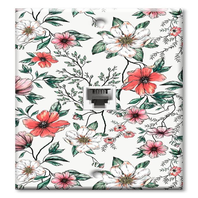 Art Plates - One Port RJ11 - Telephone decorative printed keystone style wall plate. CAT3 - RJ12 Female to Female phone jack. Works for phones, fax, ect. - Pink and White Flowers