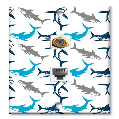 Art Plates - Decorative Printed 2 Port Data Wall Plate, F-Type Coaxial Cable Connector with RJ11 Telephone Connector, Gold-Plated - Sharks Seamless