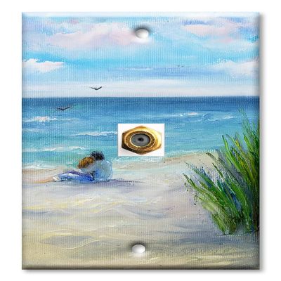 Art Plates - Decorative Printed 1 Port Coax Cable Wall Plate, 3GHz Coaxial Cable Connector, F-Type RG6 - RG59 Cable Extender Male to Male, Gold-Plated - Lovers on the Beach