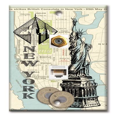 Art Plates - Decorative Printed 2 Port Data Wall Plate, RJ11 Telephone Jack Connector with RJ45 (Cat5, Cat6, Cat7) Ethernet Connector, Gold-Plated - New York