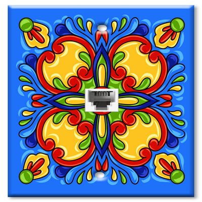 Art Plates - Decorative Printed 1 Port Coax Cable Wall Plate, 3GHz Coaxial Cable Connector, F-Type RG6 - RG59 Cable Extender Male to Male, Gold-Plated - Blue Mexican Talavera Tile Print