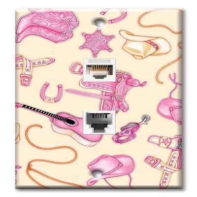 Art Plates - Decorative Printed 2 Port Data Wall Plate - RJ11 Telephone Jack Connector and RJ45 (Cat5, Cat6, Cat7) Ethernet Connector - Gold-Plated Contacts - Cowgirl