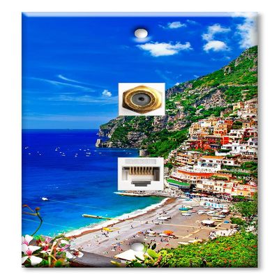 Art Plates - Decorative Printed 2 Port Data Wall Plate, RJ11 Telephone Jack Connector with RJ45 (Cat5, Cat6, Cat7) Ethernet Connector, Gold-Plated - Village on the Seaside