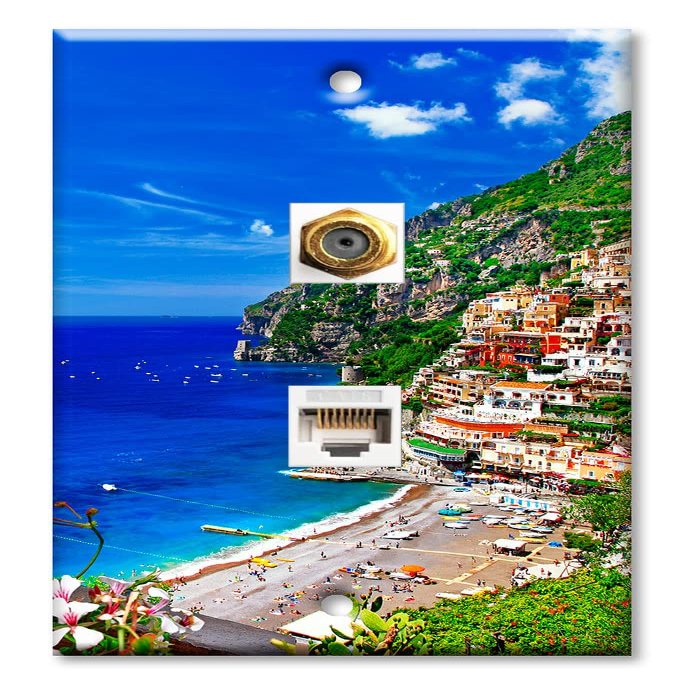 Art Plates - Decorative Printed 2 Port Data Wall Plate, RJ11 Telephone Jack Connector with RJ45 (Cat5, Cat6, Cat7) Ethernet Connector, Gold-Plated - Village on the Seaside