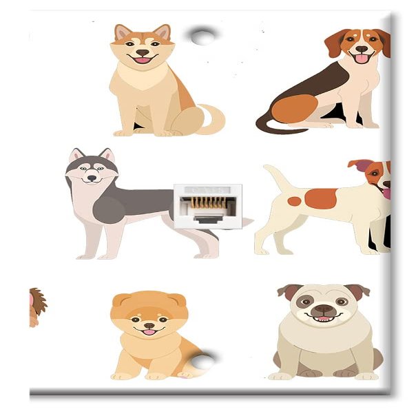 Art Plates - One Port RJ45 Ethernet decorative printed keystone style wall plate. Works with Cat5 through Cat8 cables. Female to Female Connection. - Cute Dogs
