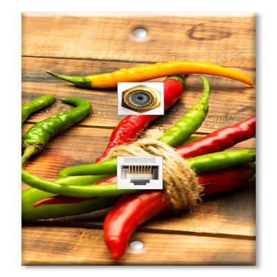 Art Plates - Decorative Printed 2 Port Data Wall Plate, RJ11 Telephone Jack Connector with RJ45 (Cat5, Cat6, Cat7) Ethernet Connector, Gold-Plated - Chilis