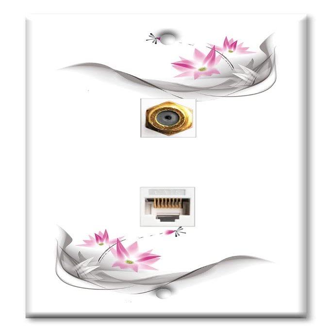 Art Plates - Decorative Printed 2 Port Data Wall Plate, RJ11 Telephone Jack Connector with RJ45 (Cat5, Cat6, Cat7) Ethernet Connector, Gold-Plated - Pink Flowers and Dragonfly