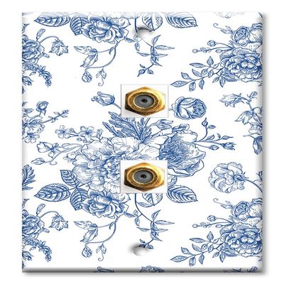 Art Plates - Decorative Printed 2 Port Coax Cable Wall Plate, 3GHz Coaxial Cable Connector, F-Type RG6 - RG59 Cable Extender Male to Male, Gold-Plated - Blue Flower Line Art