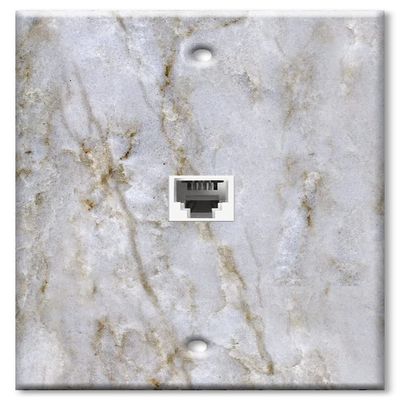 Art Plates - Decorative Printed 2 Port Data Wall Plate, RJ11 Telephone Jack Connector with RJ45 (Cat5, Cat6, Cat7) Ethernet Connector, Gold-Plated - White Pearl Quartzite/Granite/Marble Print