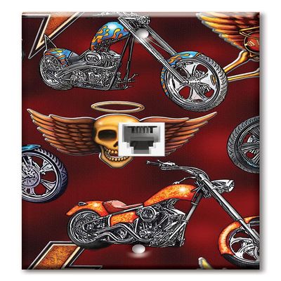Art Plates - One Port RJ11 - Telephone decorative printed keystone style wall plate. CAT3 - RJ12 Female to Female phone jack. Works for phones, fax, ect. - Choppers and Skulls