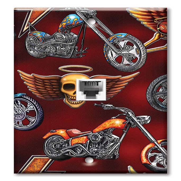 Art Plates - One Port RJ11 - Telephone decorative printed keystone style wall plate. CAT3 - RJ12 Female to Female phone jack. Works for phones, fax, ect. - Choppers and Skulls