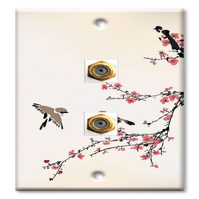 Art Plates - Decorative Printed 2 Port Coax Cable Wall Plate, 3GHz Coaxial Cable Connector, F-Type RG6 - RG59 Cable Extender Male to Male, Gold-Plated - Birds on a Cherry Blossom